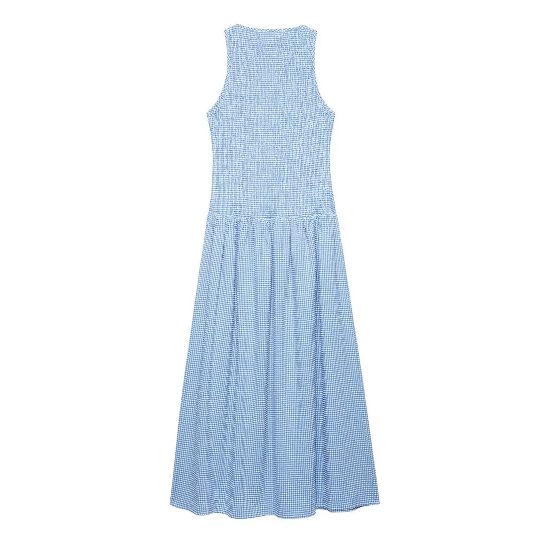 2025 novedad de verano vestido de mujer a la moda a cuadros plisado sin mangas cuello redondo Midi chaleco vestidos francés Chic ropa de noche femenina