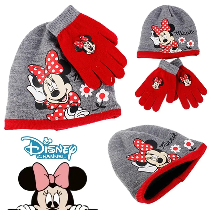 Disney Minnie Mouse Knitted Hat Gloves Set Cartoon Sweet Kids Beanie Cap Girl Skullies Hat Girl Outdoor Winter Warm Accessories