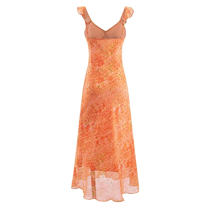 KEYANKETIAN Orange Tie Dye Chiffon Maxi Dress Women V Neck Ruffle Cap Sleeve Drawstring Flowy Summer Beach Vacation Sundress