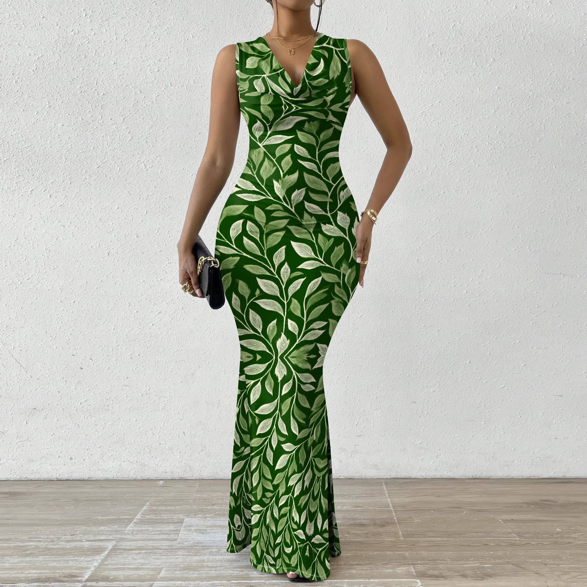 

Green Leaf Print Maxi Dress XS‑2XL Cowl Neck Sleeveless Bodycon Style for Garden Party, Spring Picnic or Nature Retreat Look