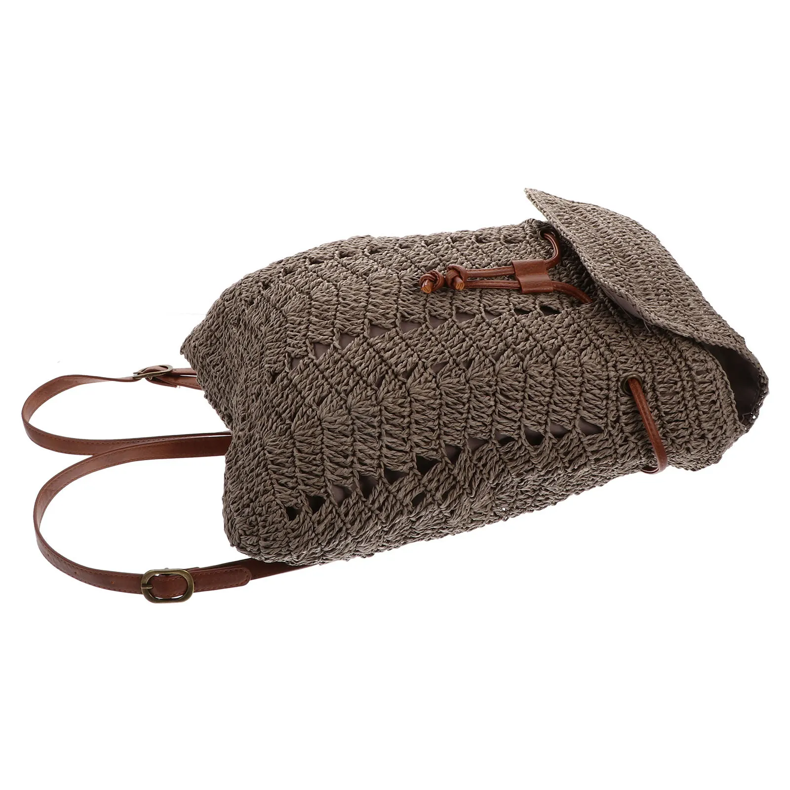 1Pcs Straw Woven Bag Moderate Size Drawstring Storage Shoulder Bag for Daily Outdoor Beach Trip Summer Fashion Backpack