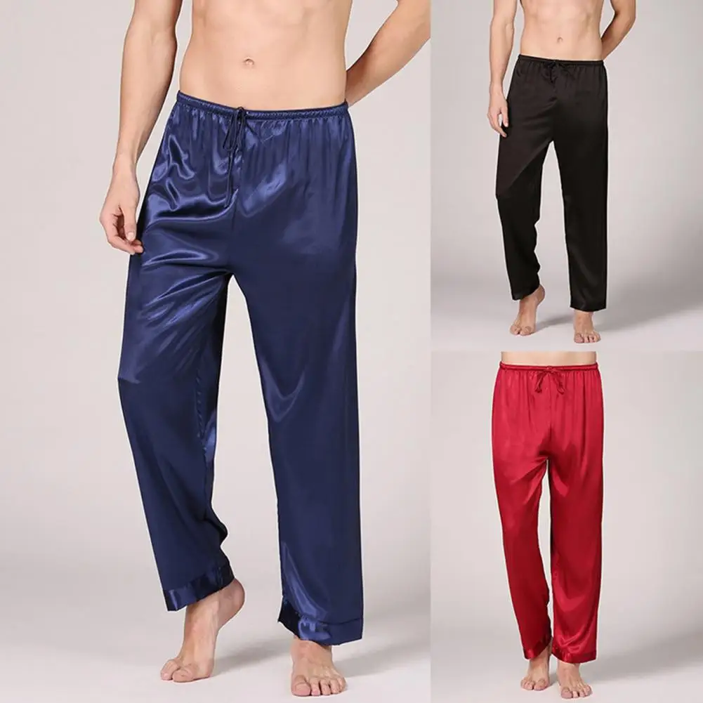 

Mid-rise Elastic Waistband Drawstring Thin Sleeping Pants Men Solid Color Ice Silk Loungewear Pants Homewear