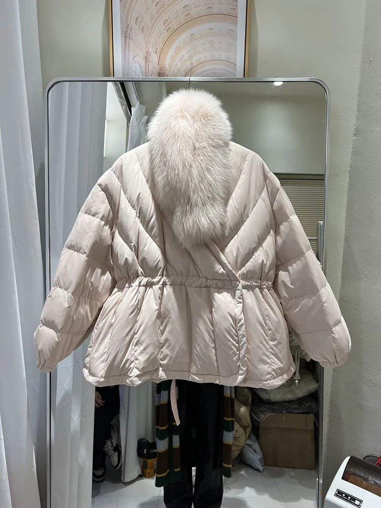 Real Fox Fur Winter Women Puffer Coat White Duck Down Jacket Female Loose Warm Short Parkas Snow Outwear 2024