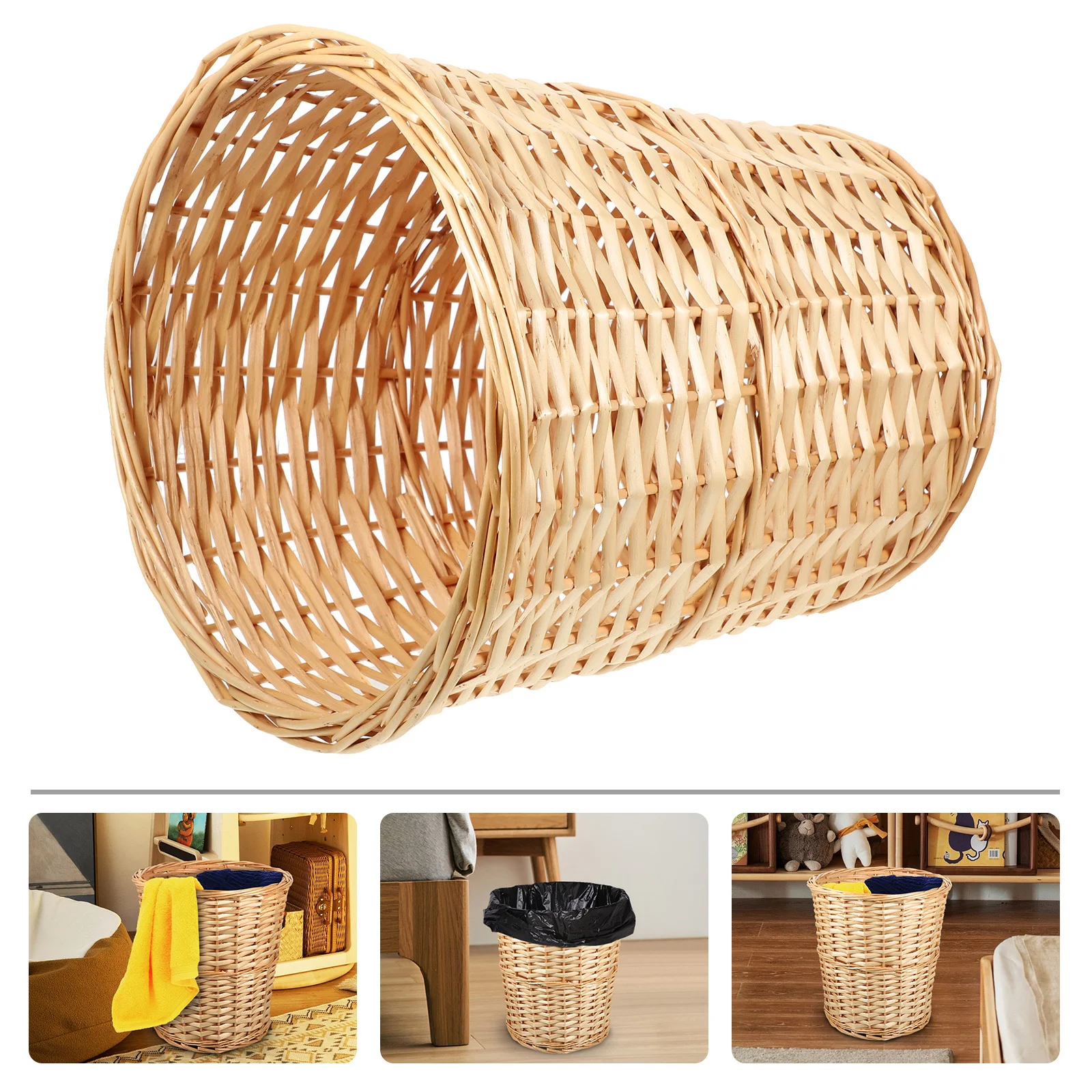 

Wicker Woven Trash Can Storage Basket Indoor Decorative Sundry Holder Eco-Friendly Home Kitchen Bedroom Bathroom