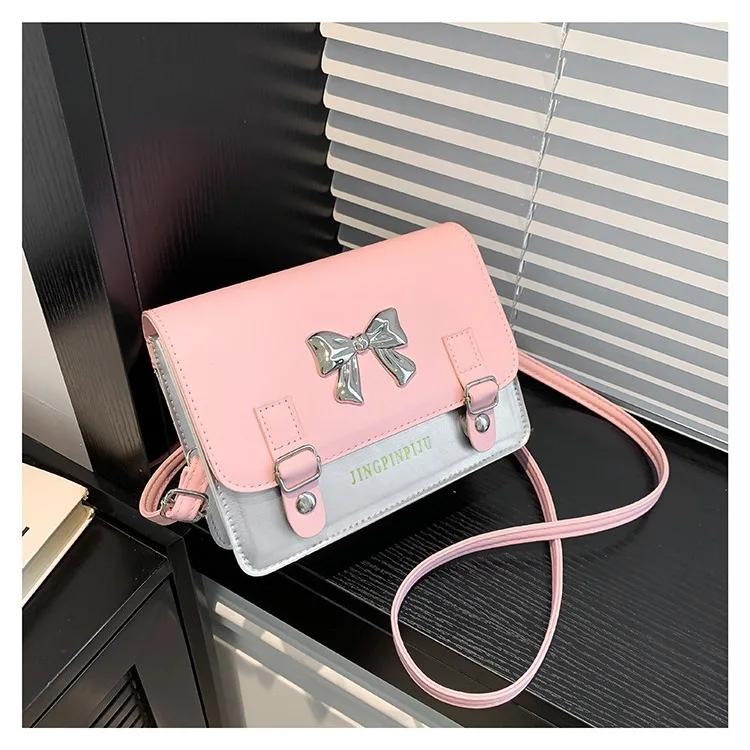 

2025 Spring Color Block Bow Square Bag Cute Girls Shoulder Purse Trendy Crossbody Bag with Bowknot Fashionable Small Handbag
