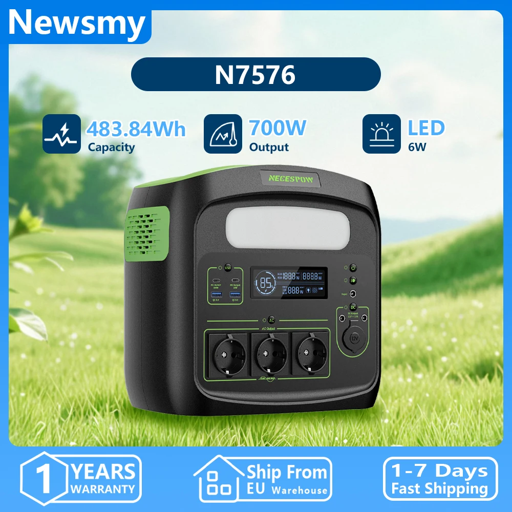 Estación de energía portátil Newsmay 483.84Wh con generación solar de 700W, batería ifepo4, ideal para dispositivos electrónicos domésticos y camping.