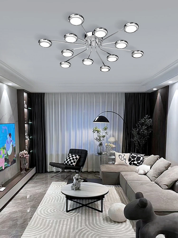 Modern Minimalist Ceiling Light Chrome Metal Crhandelier Suspended Restaurant Living Room Bedroom