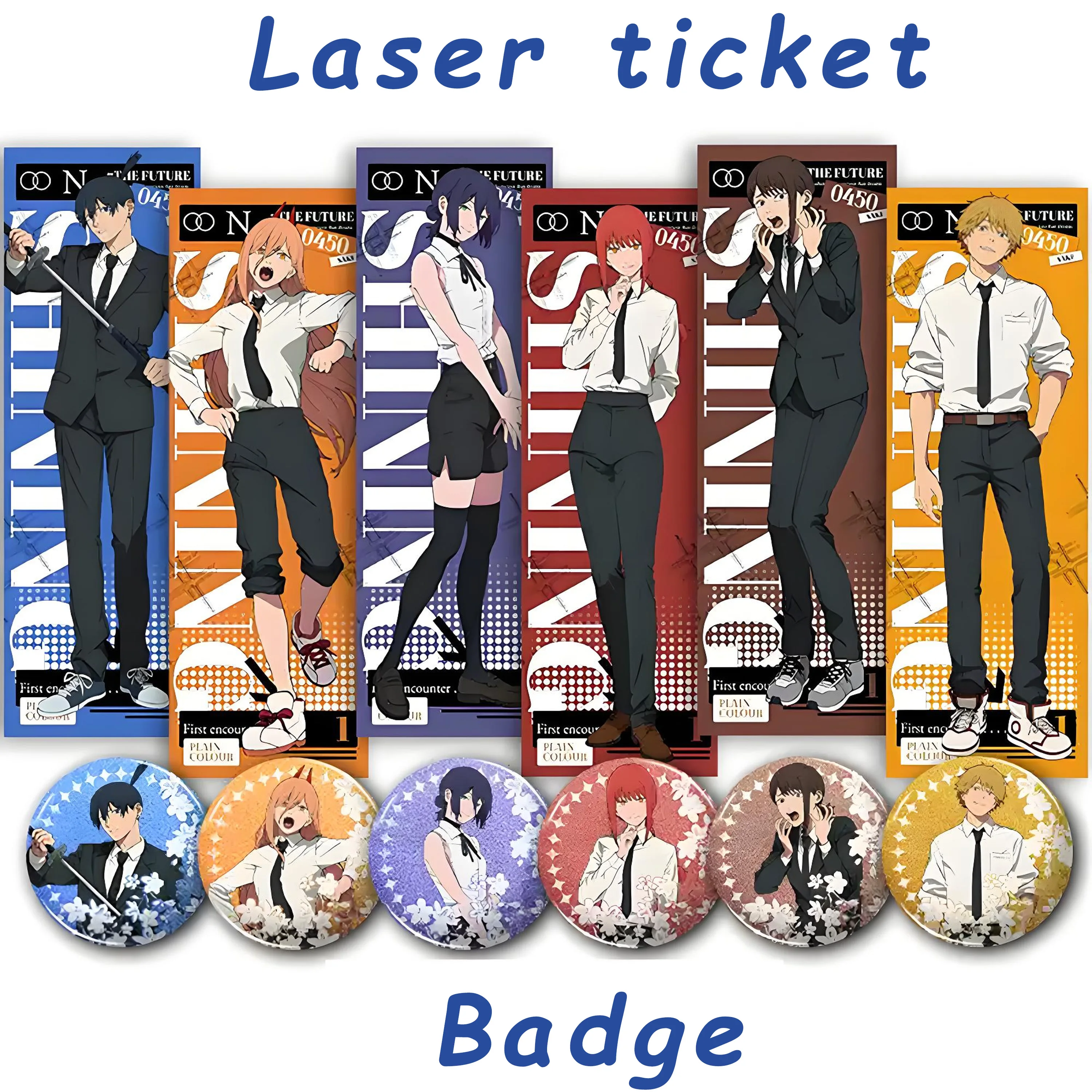 

Anime Chainsaw Man Tinplate Badge Laser Ticket Denji Makima Hayakawa Aki Power Higashiyama Kobeni Backpack Brooch Decorations