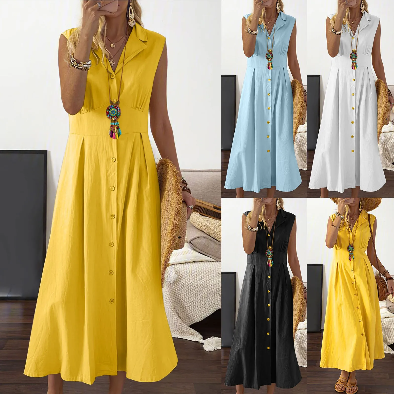 

2024 Summer New Long Dress Solid Button Loose Maxi Shirt Skirts Simple Turn-down Neck Temperament Sleeveless Dresses For Women