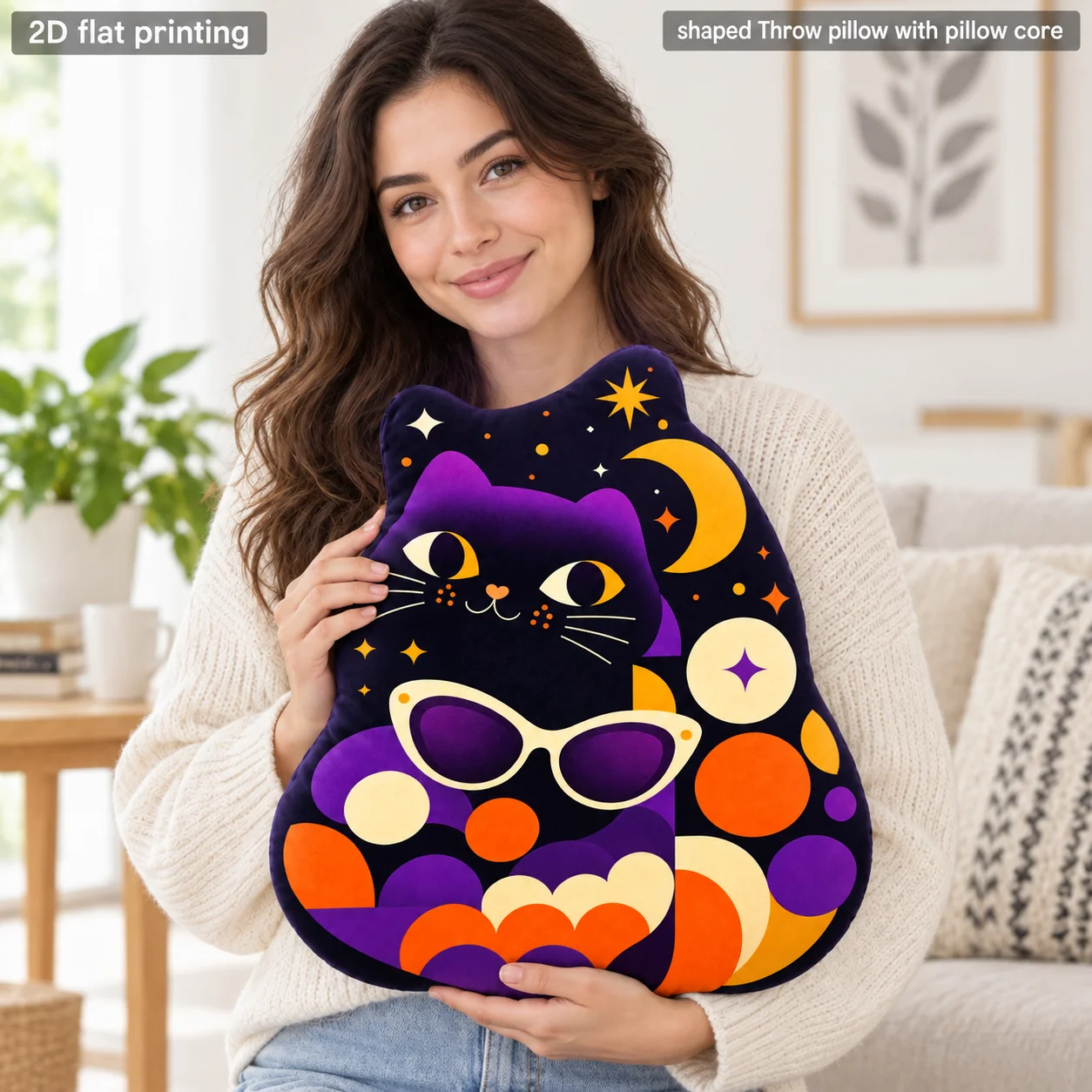 Black Cat Moon Stars Shaped Throw Pillow with Pillow Core Halloween Decorative Polyester Cushion Sofa Bedroom Gift