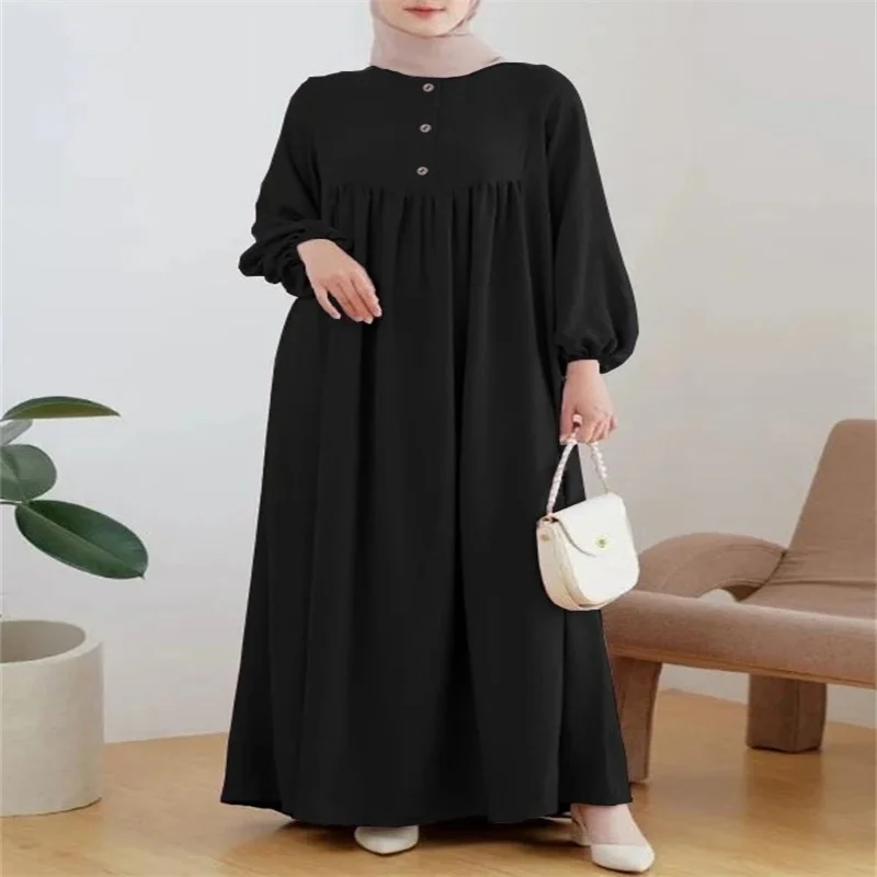 New Ramadan Islamic Arab Muslim Women's Robe Spring and Autumn Luxury Fashion Casual Bubble Sleeve Simple Solid Color Dress