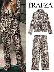 TRAFZ Women's Streetwear 2-Piece Set Chic Animal Print Button Casual Shirt + High Waist Pocket Decoration Women's Zip Pants Set