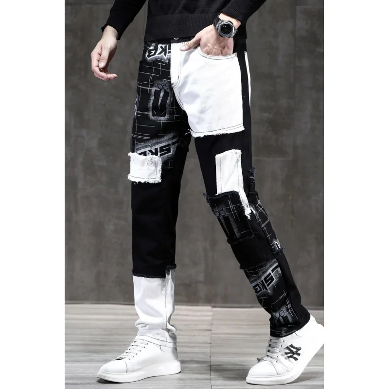 Black and White Contrast Color Printed Stitching Jeans Men2024New Slim Fit Small Straight Personality Motorcycle Trousers