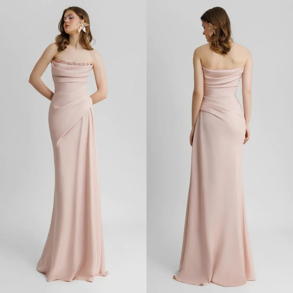 

Пользовательские JDY минималистичный современный стиль торжественная вечерняя одежда без бретелек трапециевидной формы тяжелое платье ручной работы с рюшами и бисером на заказ