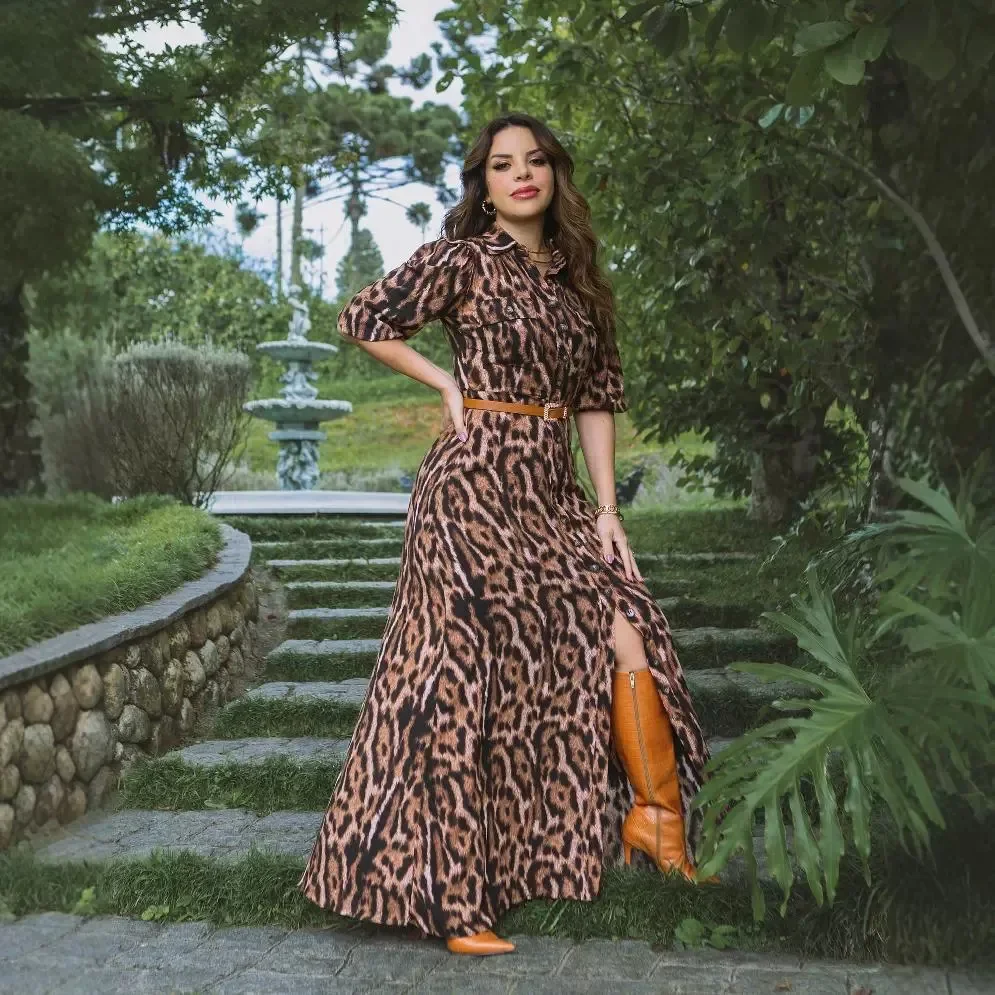 Long Sleeve Loose Maxi Dress Full Length Women Leopard Printed Fashion Casual Summer Dress