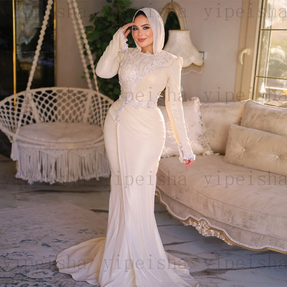 Customized O-Neck Evening Dresses Sequined Beading Lace Appliques mermaid Full Sleeve Prom Gown Sweep Train Modern Muslim Dress