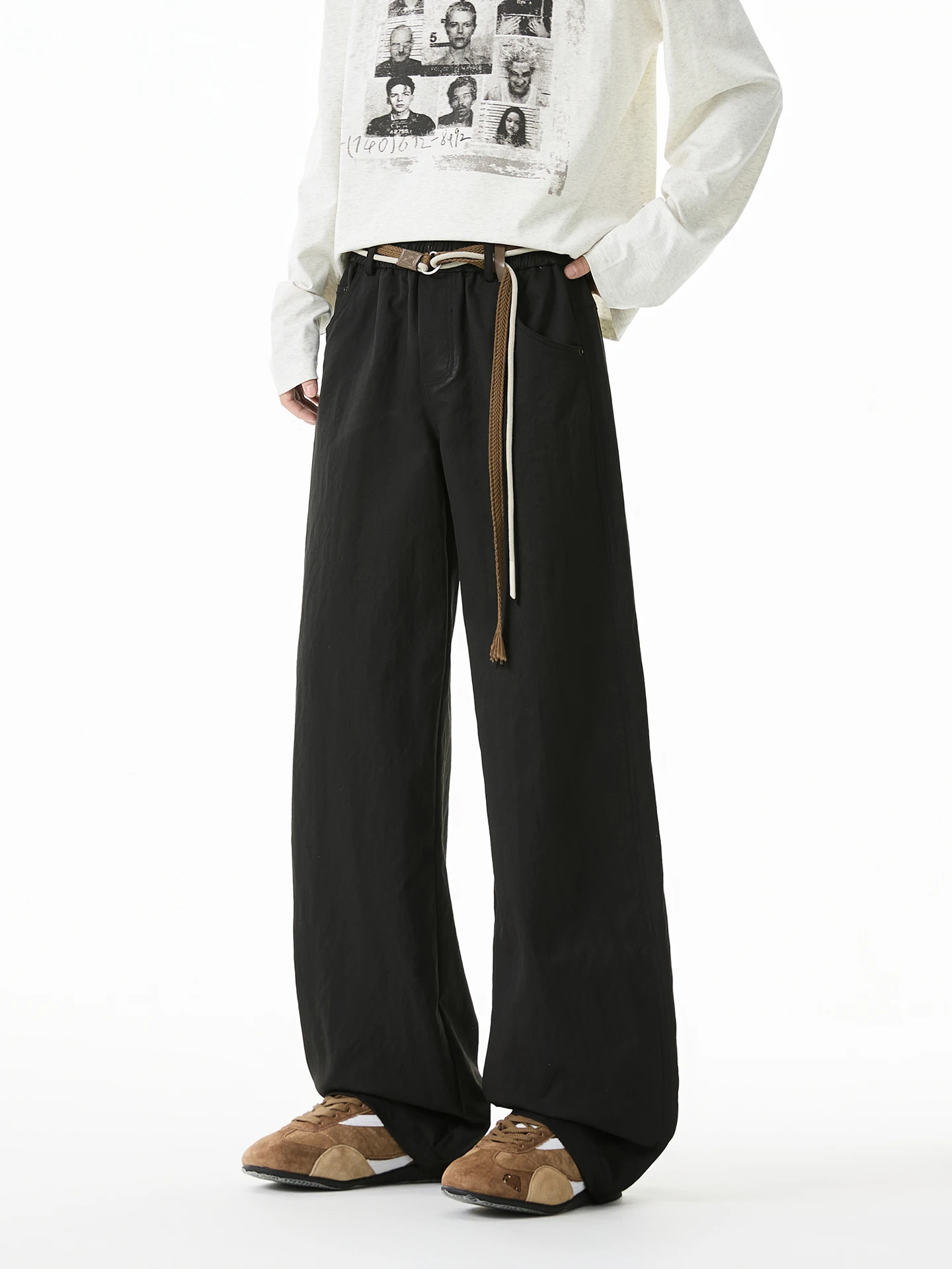

Boyue American Casual Workwear Waist Rope Outdoor Simple Design Wide Leg Pants ex Loose Fit Polyester Fiber All Seasons