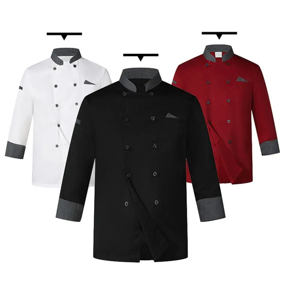 Solid Color Chef Jacket Professional Double-breasted Chef Jacket with Stand Collar Pocket Design Long Sleeve for Restaurant