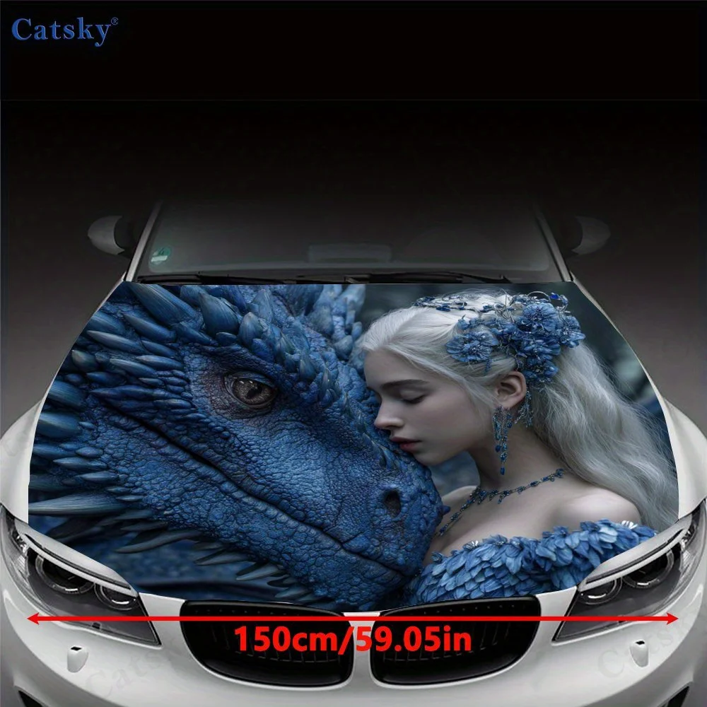 Princess And Blue Dragon Car Hood Decal Sticker, Truck Decal, Self-Adhesive Durable Customized Car Accessories, Suitable For Car