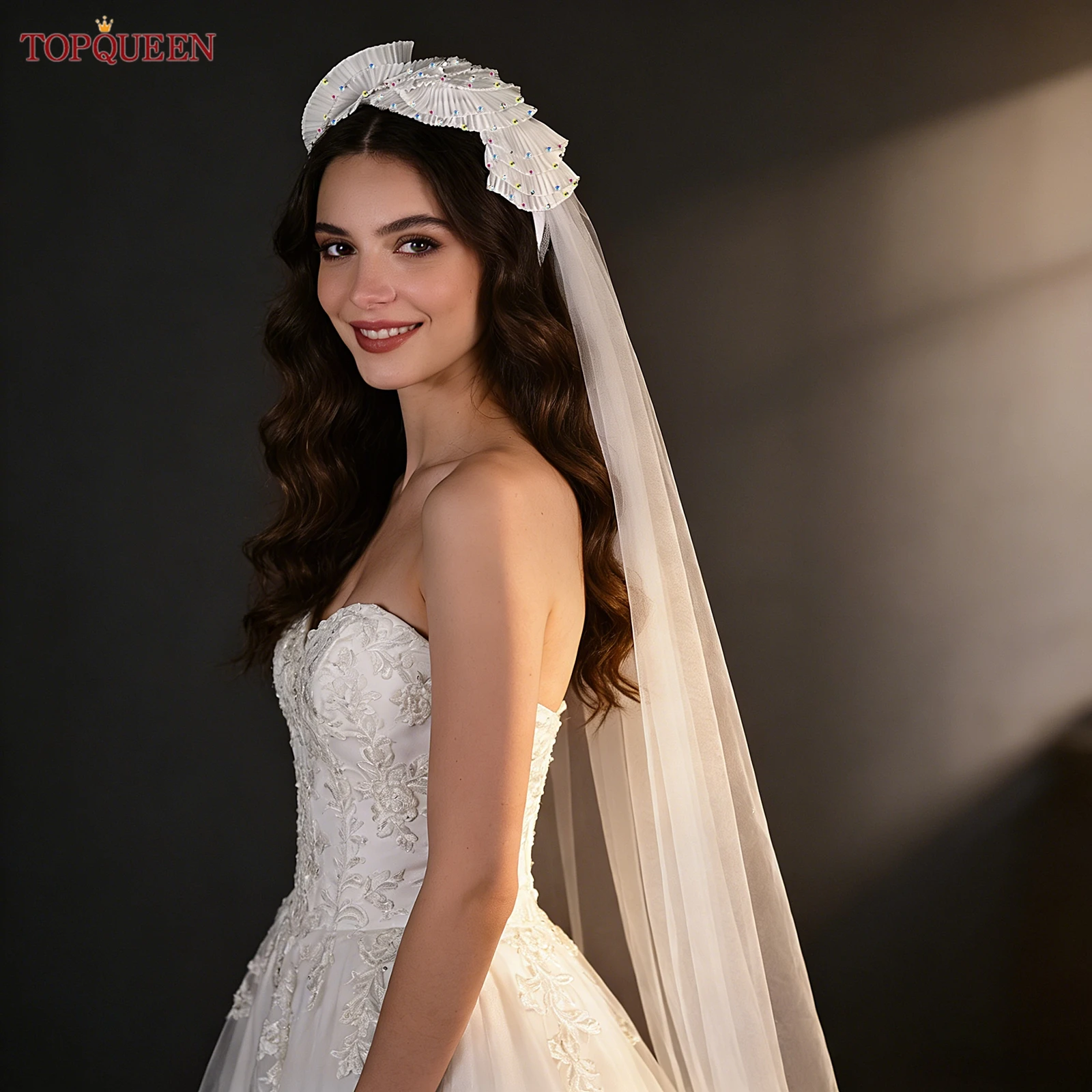 TOPQUEEN Headband Veil Integrated Bridal Veil With Three-Dimensional Pleated Design Embellished With Colorful Rhinestones V324