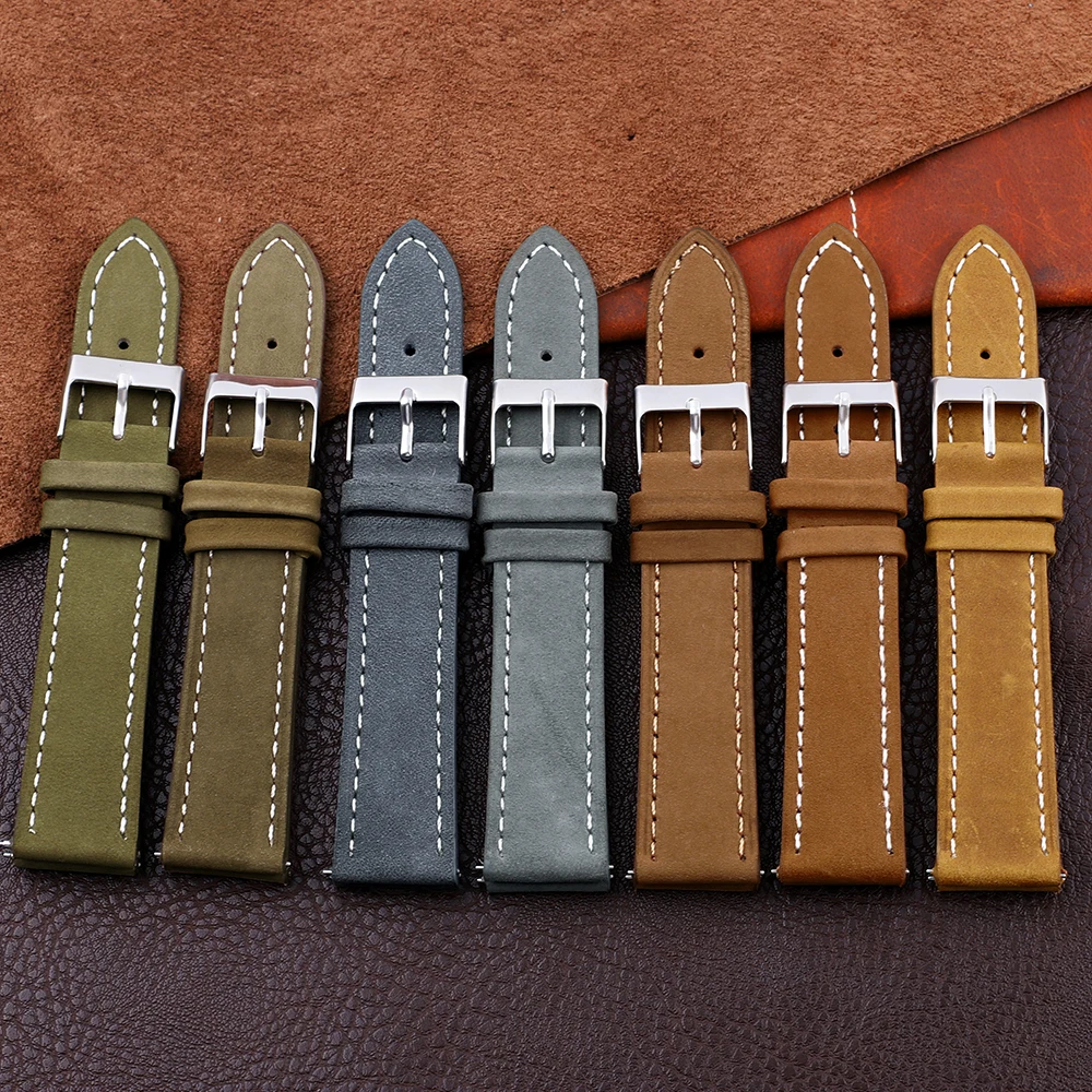 

Vintage Nubuck Genuine Leather Watchband 16mm 17mm 18mm 19mm 20mm 21mm 22mm Universal Cowhide Quick Release Watch Strap for Men