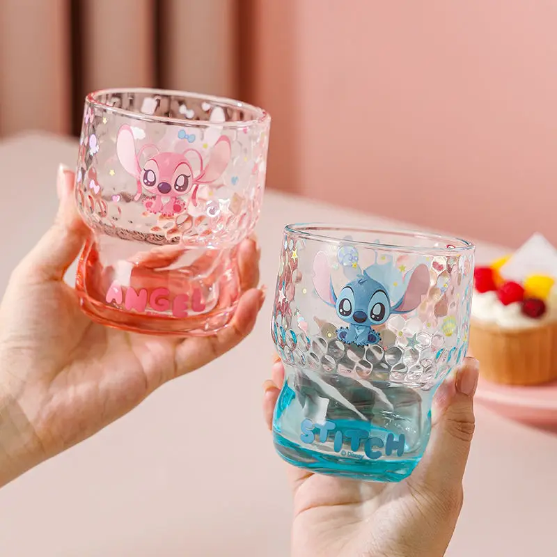 Disney Stitch-taza de Agua de Cristal para parejas, vaso Kawaii de caartoon para zumo casero, bebida fría de aspecto alto, regalo de cumpleaños de