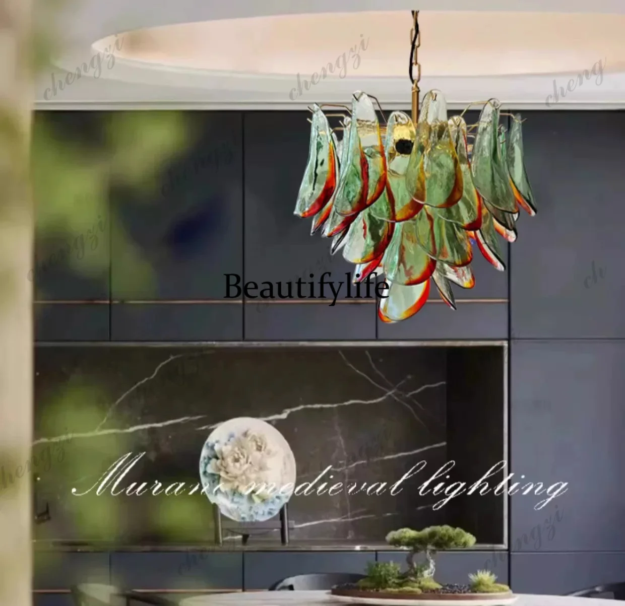 French chandelier designer retro living room main light dining room bedroom green petal glass light