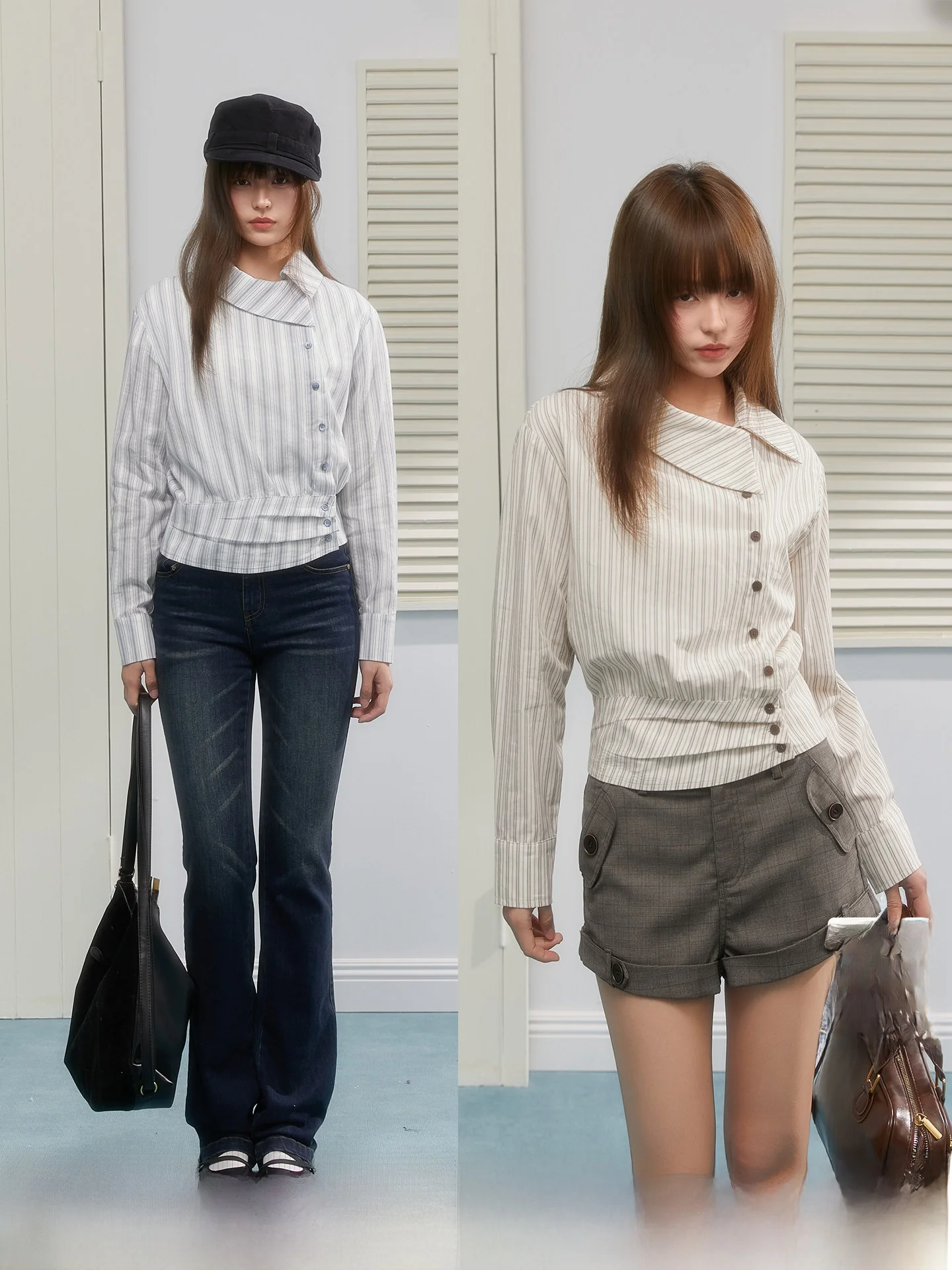 

STA Girls' Shirt Slim Fit Long Sleeve Plaid Turn-down Collar Asymmetric Waist-cinching Pleated Spring Cotton Polyester