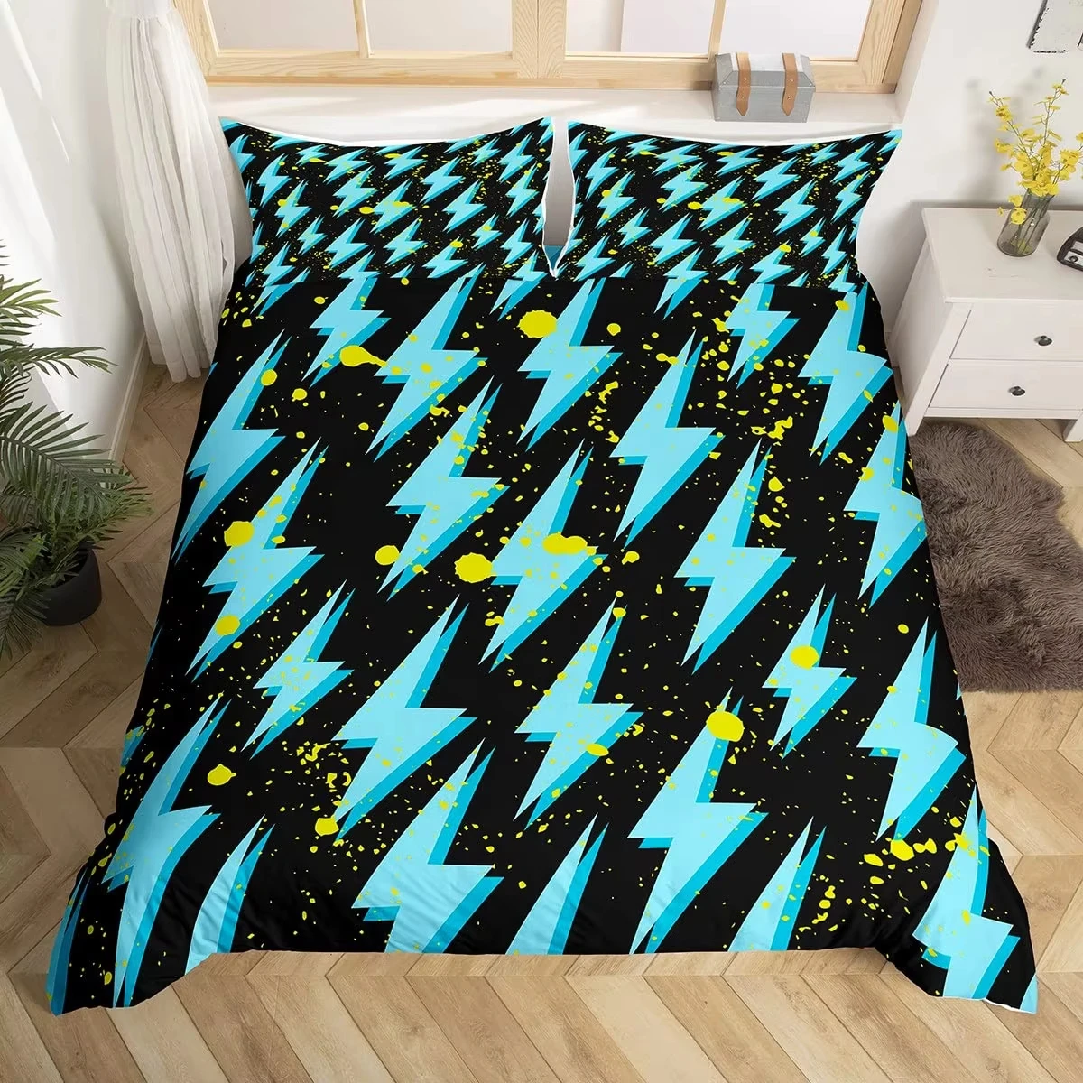 Lightning Duvet Cover Set Hand Drawn Doodle Lightning Bolt Bedding Set Thunderbolts Flash Comforter Cover Microfiber Quilt Cover