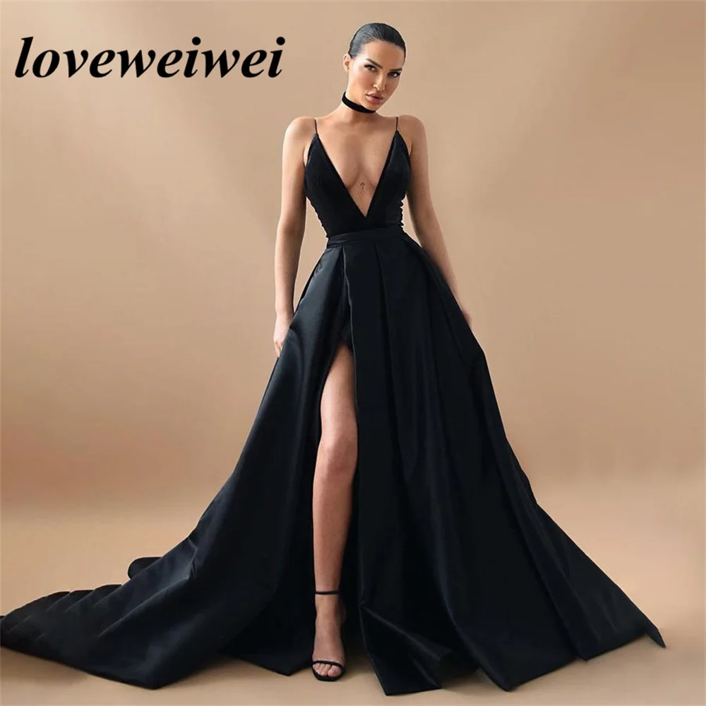 Sexy Deep V Neck Evening Dresses For Women A Line High Side Slit Prom Dress Satin Long Formal Party Gowns robes de soirée