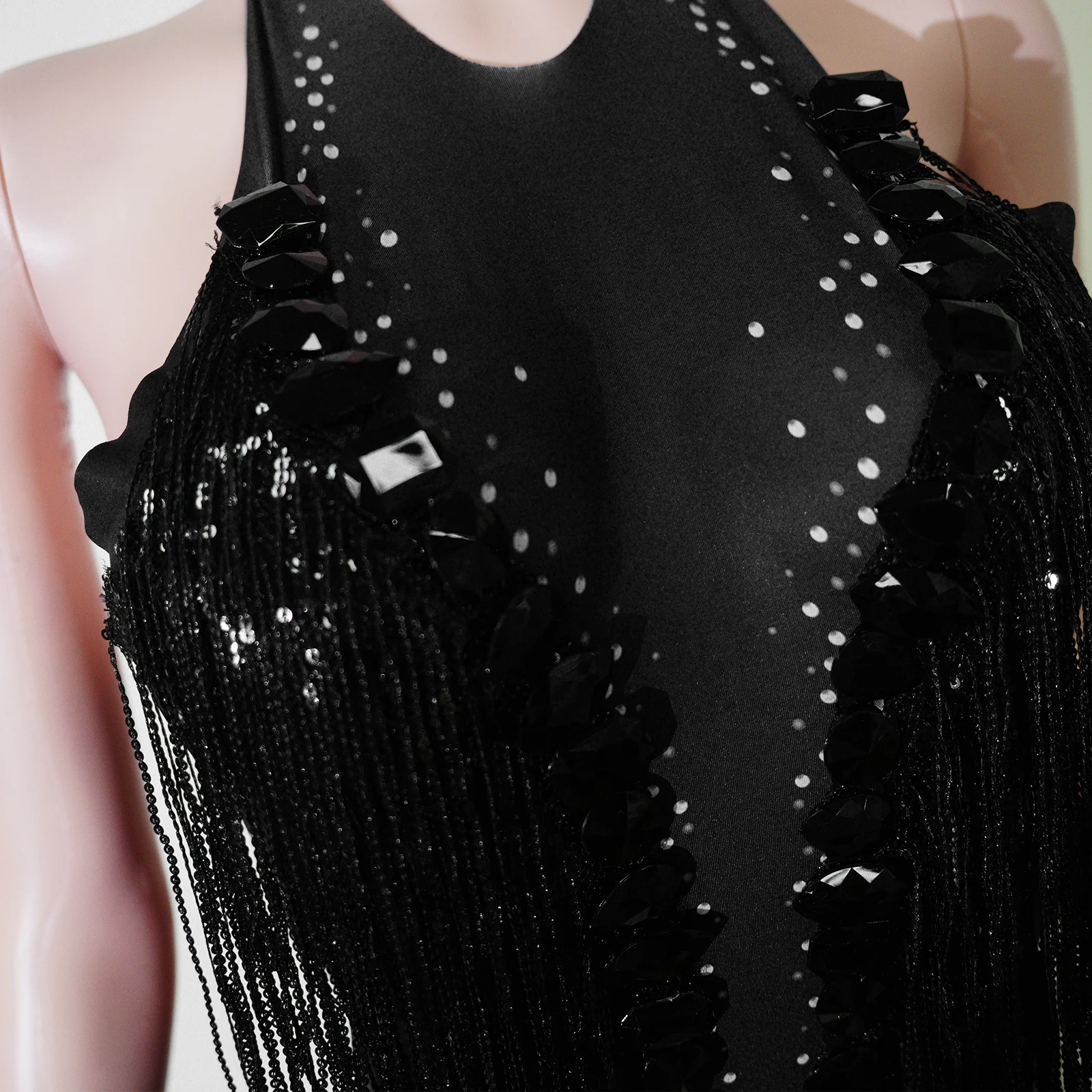 Elegant Sparkly Black Rhinestones Latin Backless Bodysuit Dance Singer Fringes Celebrate Evening Birthday Party Nightclub Stage view 4