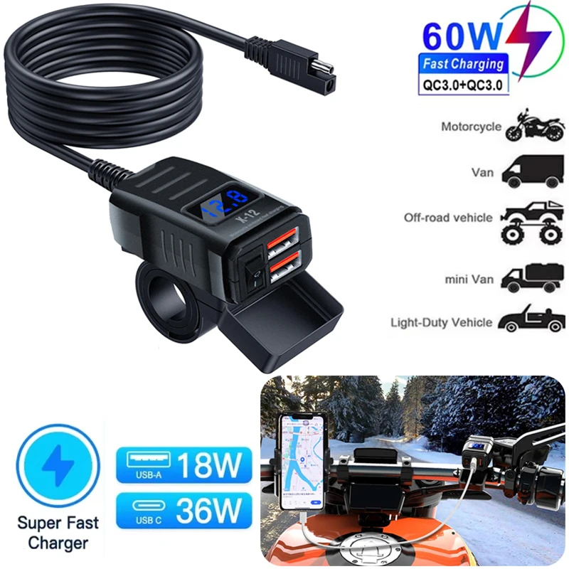 

60W QC3.0 PD Motorcycle USB Charger Waterproof 12-24V Handlebar Power Adapter with Voltmeter for Car, Truck, Boat,Motorcycle