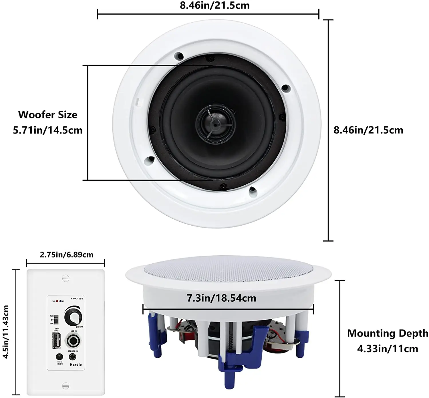 Herdio 5.25'' 300W Receiver System In Ceiling Wall Passive Speakers+Home Audio Package Wall Mount Control Bluetooth Amplifier