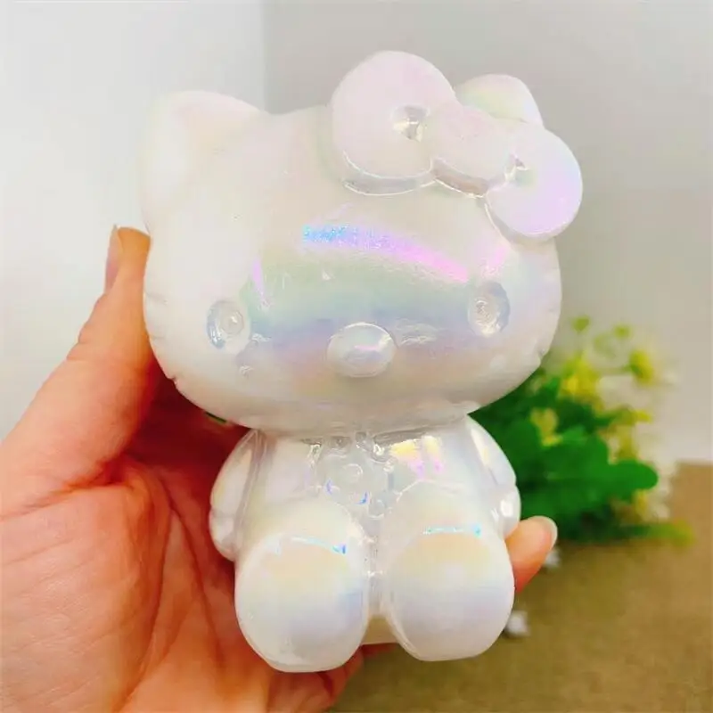 9.8CM Natural White Marble Jade Cartoon KT Cat Carving Quartz Healing Crystal Stone Cute Birthday Present Home Decoration 1PCS