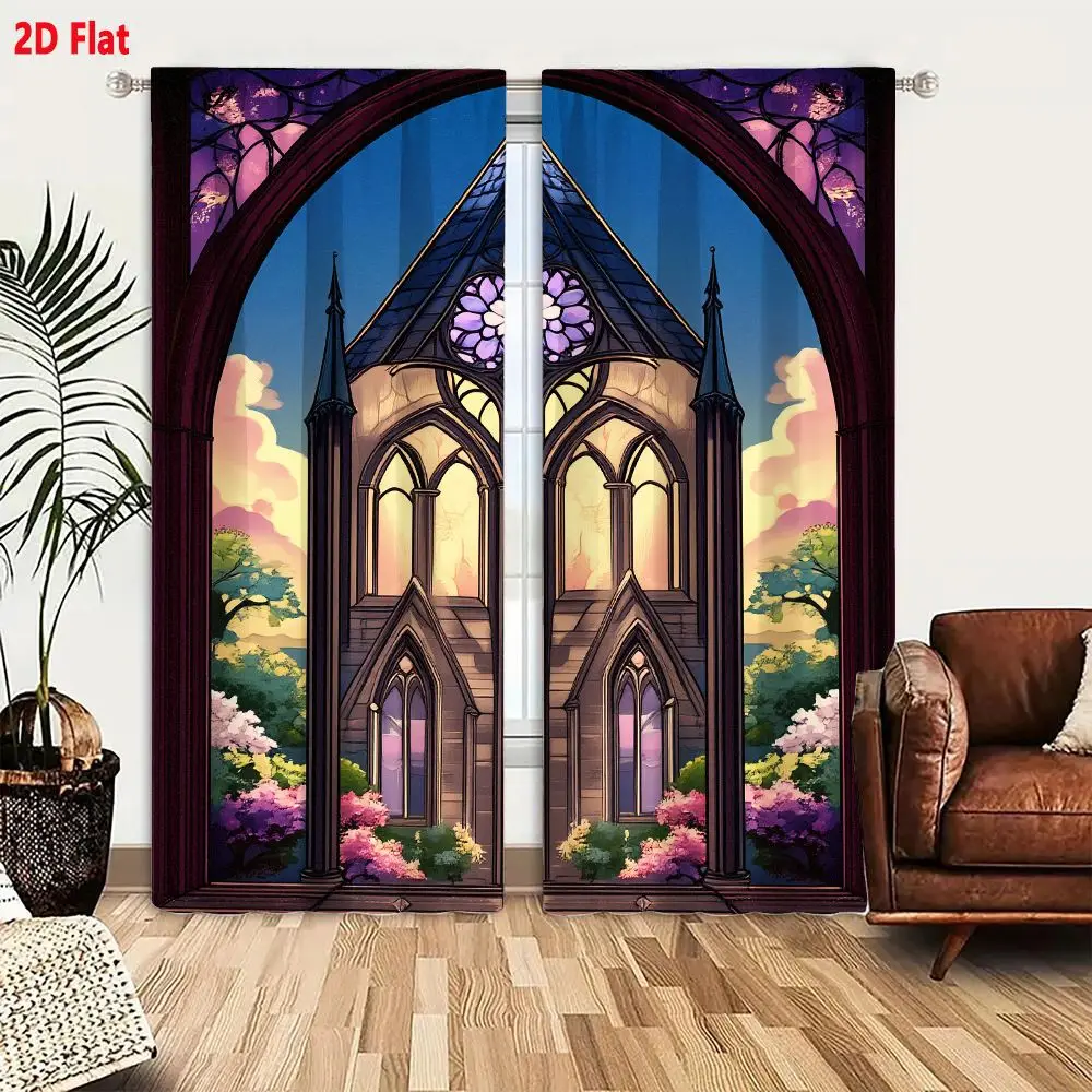 2Pcs Curtains 2D Flat Gothic Building With Rose Window Viewed Through Burgundy Archway At Twilight Window Drapes for Bedroom Roo