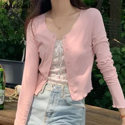 Crop Jackets Women Temper Slim Sun-proof Summer Casual Korean Style Fashion O-neck Pure Gentle Chic Long Sleeve Holiday Clothing