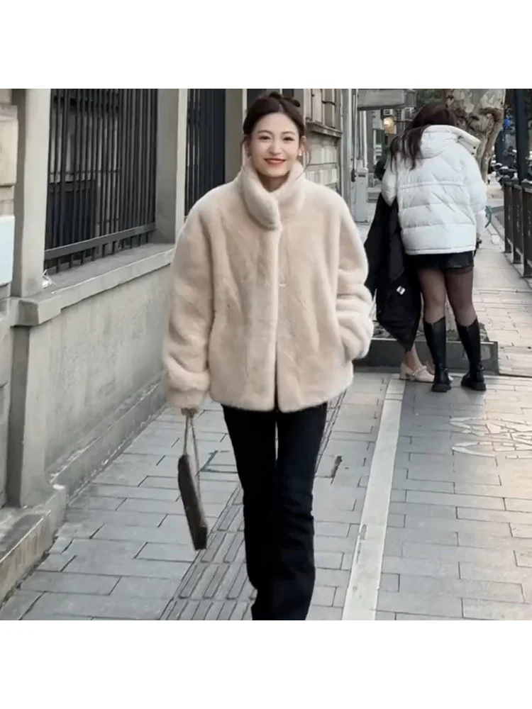معطف فرنسي أنيق من الفرو الصناعي بلون سادة وناعم ومريح وعصري ولطيف وكلاسيكي للتنقل وتاريخ بسيط وياقة واقفة