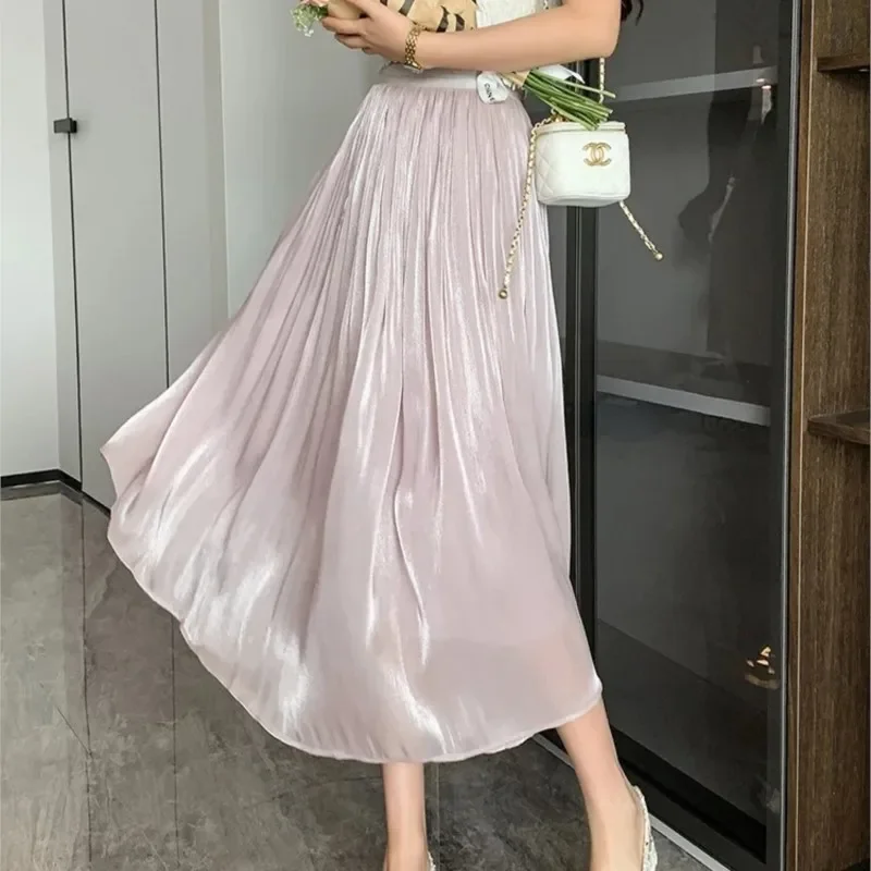 Skirts Hot Casual Women Summer Elegant Chic Solid Skirt High Waist Gilding Luxury Fashion Long Skirts