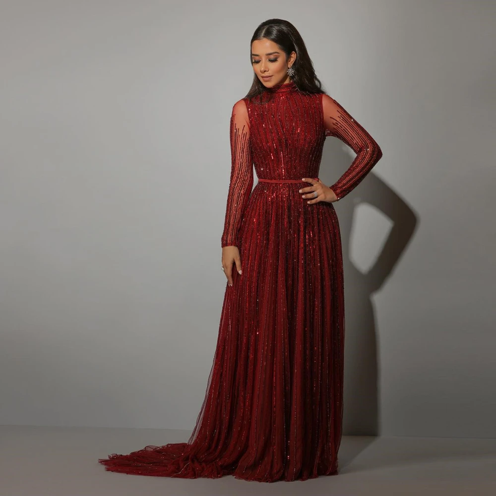 Vestidos De Noche musulmanes De lujo color Burdeos, una línea, lentejuelas brillantes, ilusión De cuentas, vestidos formales para fiesta De graduación, Vestido De Noche personalizado