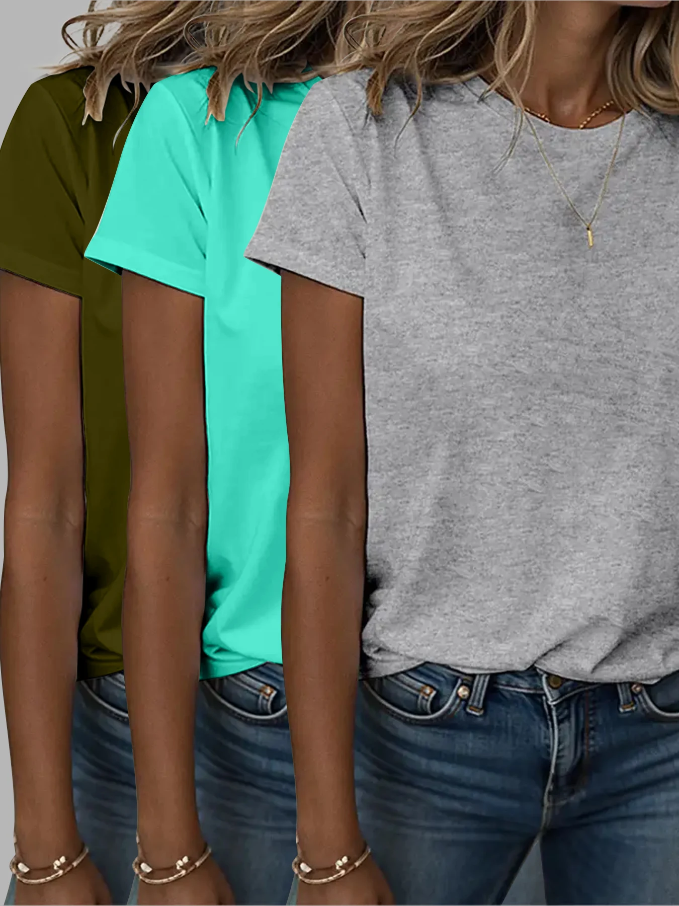 Modisches Damen-T-Shirt-Set in Unifarben mit Kurzen Ärmeln, 3-teilig – Detail 13