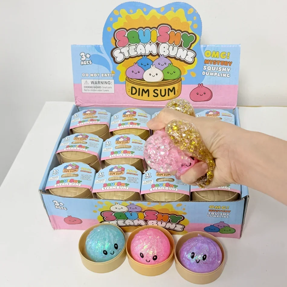 Glitzernde Dumpling-Squishy mit Box, sensorische Dampfgulasch-Kugeln, weicher TPR-Teigball zur Entspannung, Fidget-Spielzeug, Stressabbau-Geschenk – Detail 5