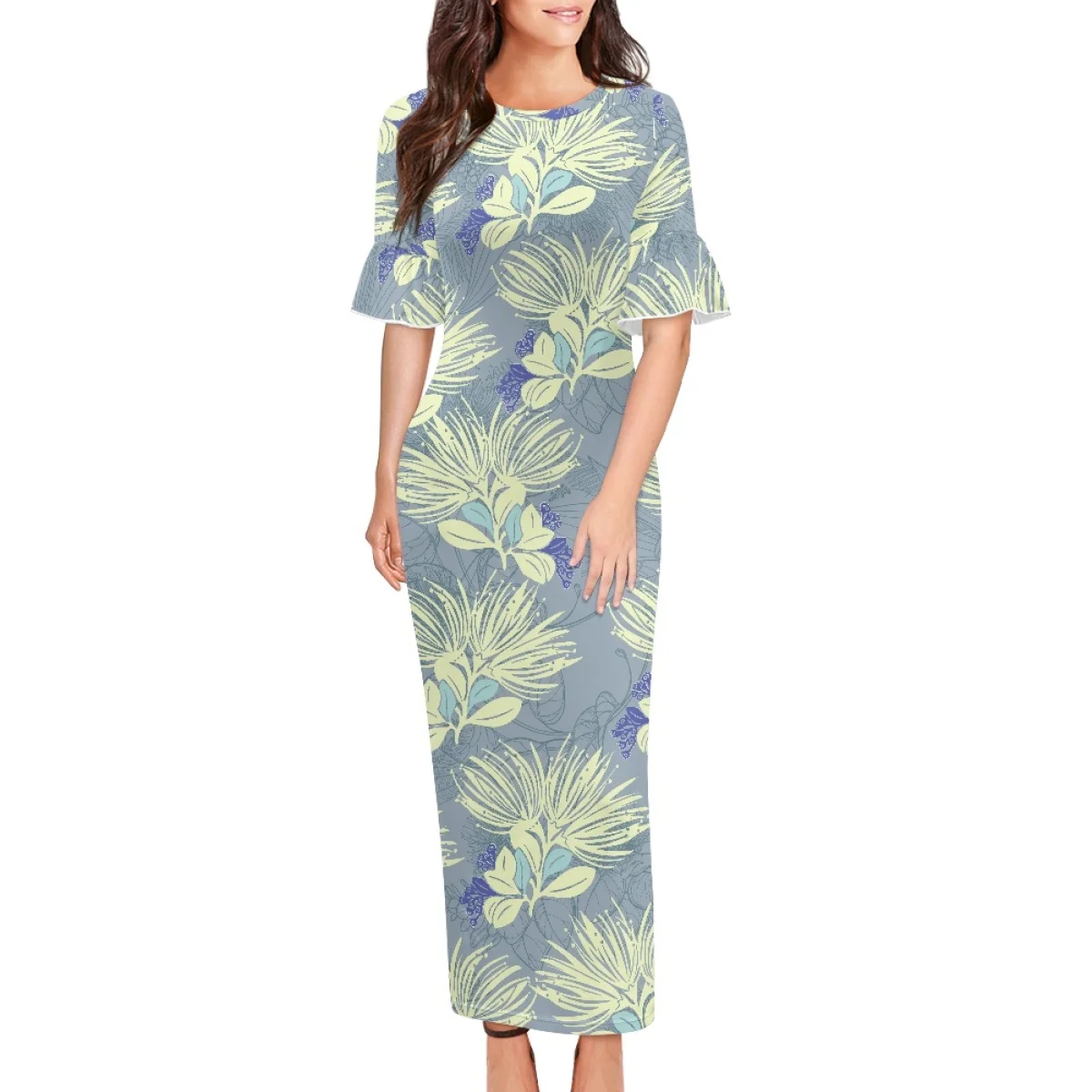 Summer Elegant Evening Party Dresses Polynesian Tribal Clothing Samoa Hawaii Lehua Print Islander Women Bodycon Petals Sleeves