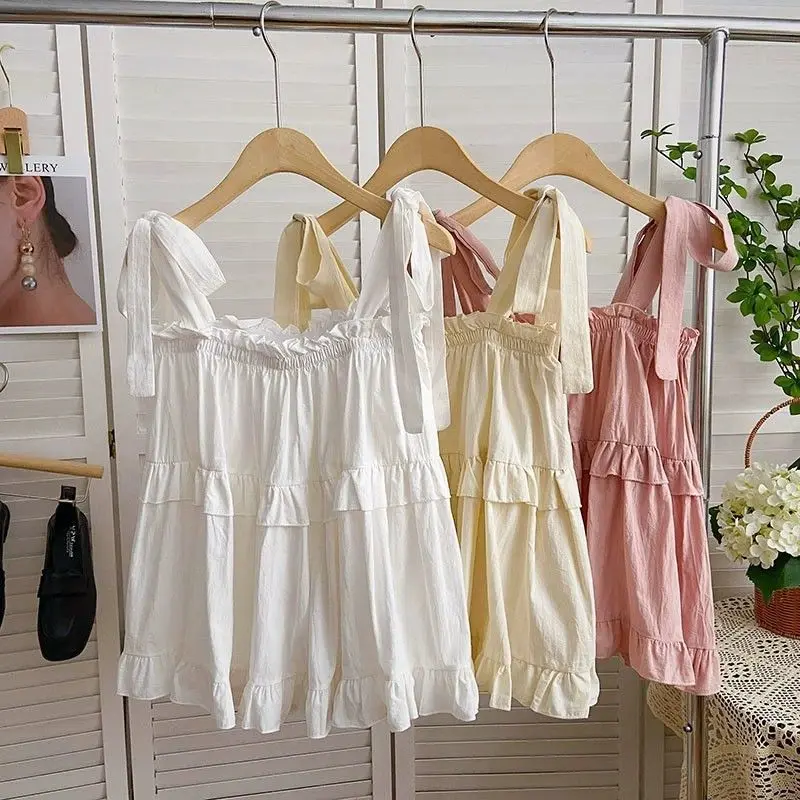 Strap Tank Top for Women Summer New Korean Fashion Sweet Girl Camisole Loose Casual Sleeveless Pink Shirt Women Clothing