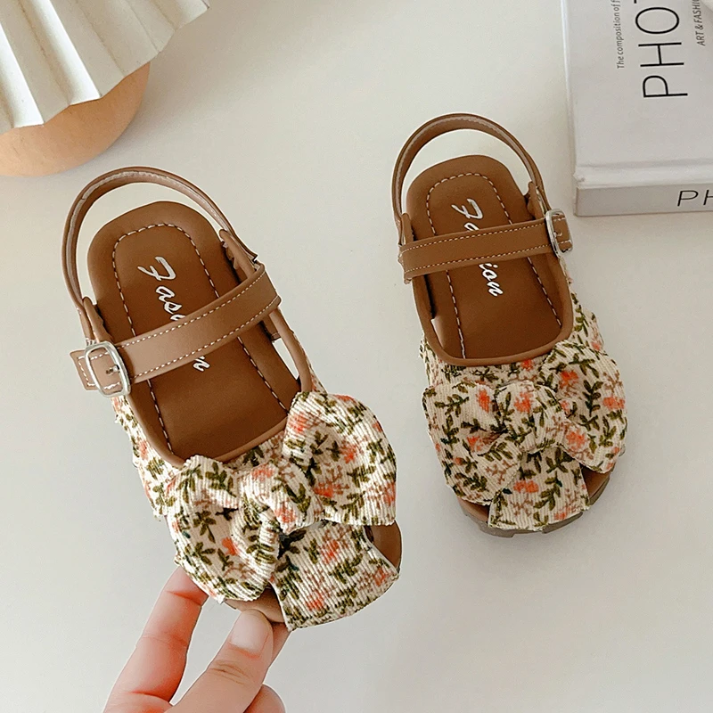 Children Outdoor Sandals Summer Floral Bow Girls Beach Shoes Closed Toe School Breathable Causal Kids Hollow-out Flat Sandals