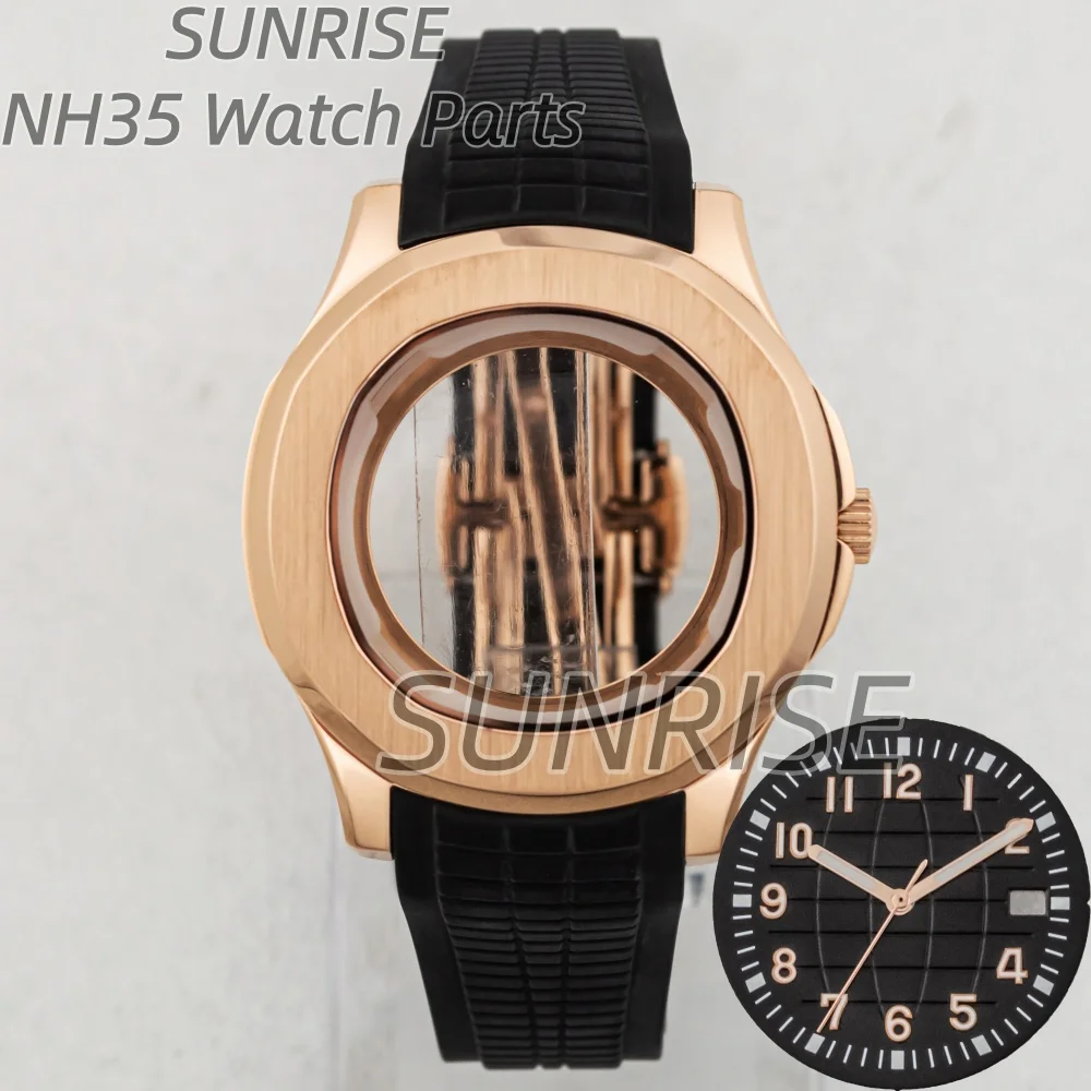 

42mm NH35 Case Rose Gold Stainless Steel Case Rubber Strap Luminous Dial Hands for AQUANAUT Nautilus NH36 Watch Parts Accessory