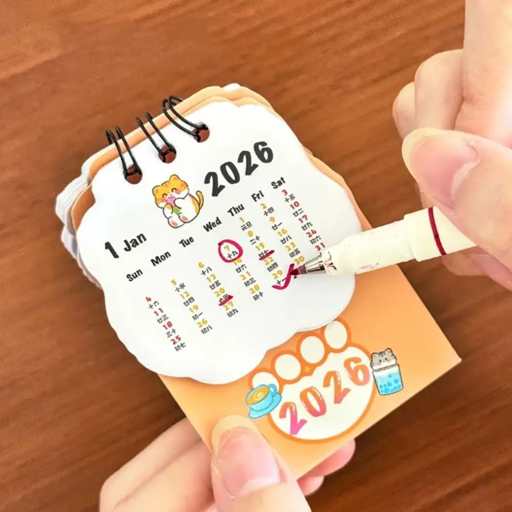 かわいいミニ 2026 卓上カレンダーコイル漫画猫スケジュールプランナースケジュールマークポータブルデイリープランナーオフィスデスクアクセサリー