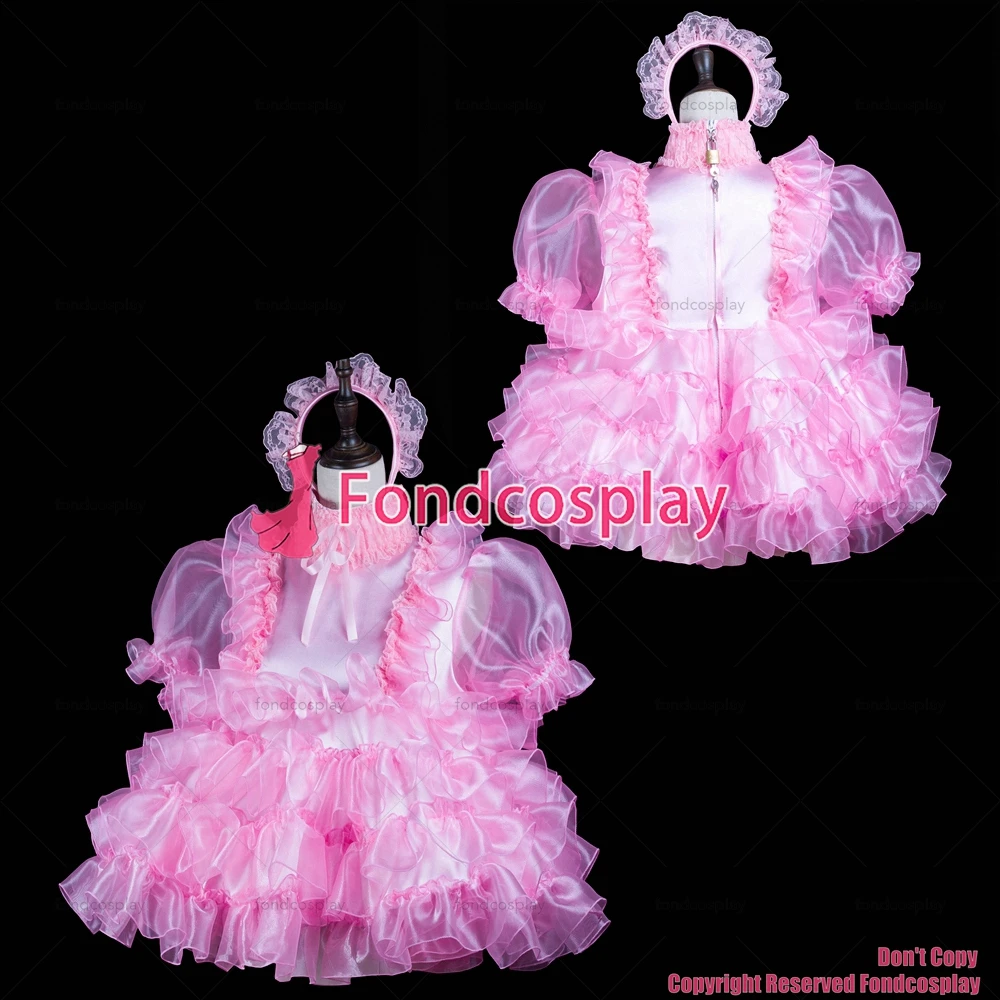 Fondcosplay adulto sexy travesti sissy maid corto bebé rosa satén organza vestido con cerradura uniforme disfraz CD/TV [G2409]