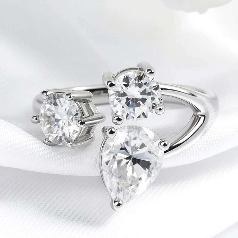 Smyoue Pear/round Cut Adjustable Moissanite Rings for Women Ideal Cut Female S925 Sterling Silver Plated 18K Lab Diamond Band