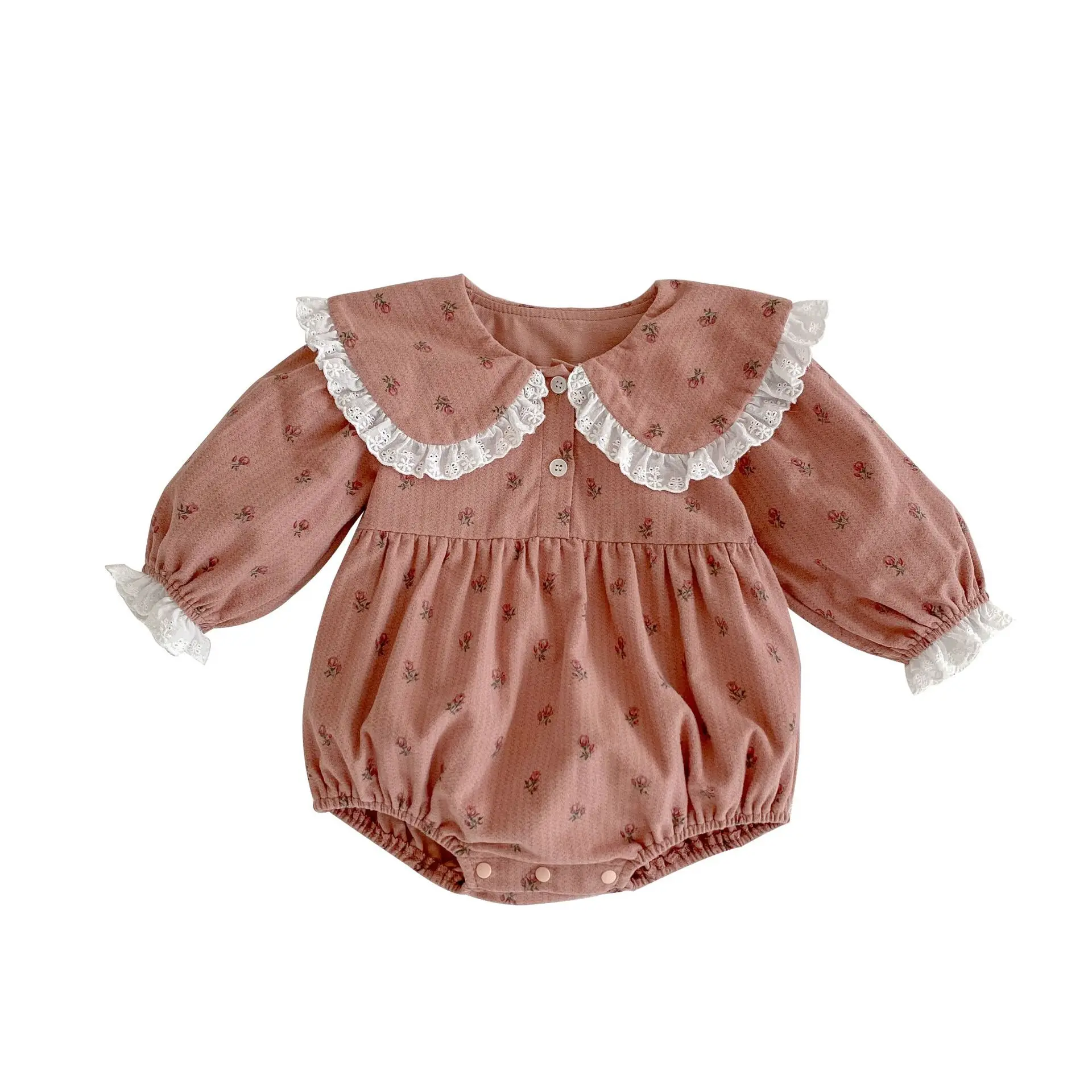 2023 Autumn Infant Baby Girls Full Sleeve Peter Pan Collar Lace Ruched Floral One-piece Newborn Kids Jumpsuits Toddler Bodysuits