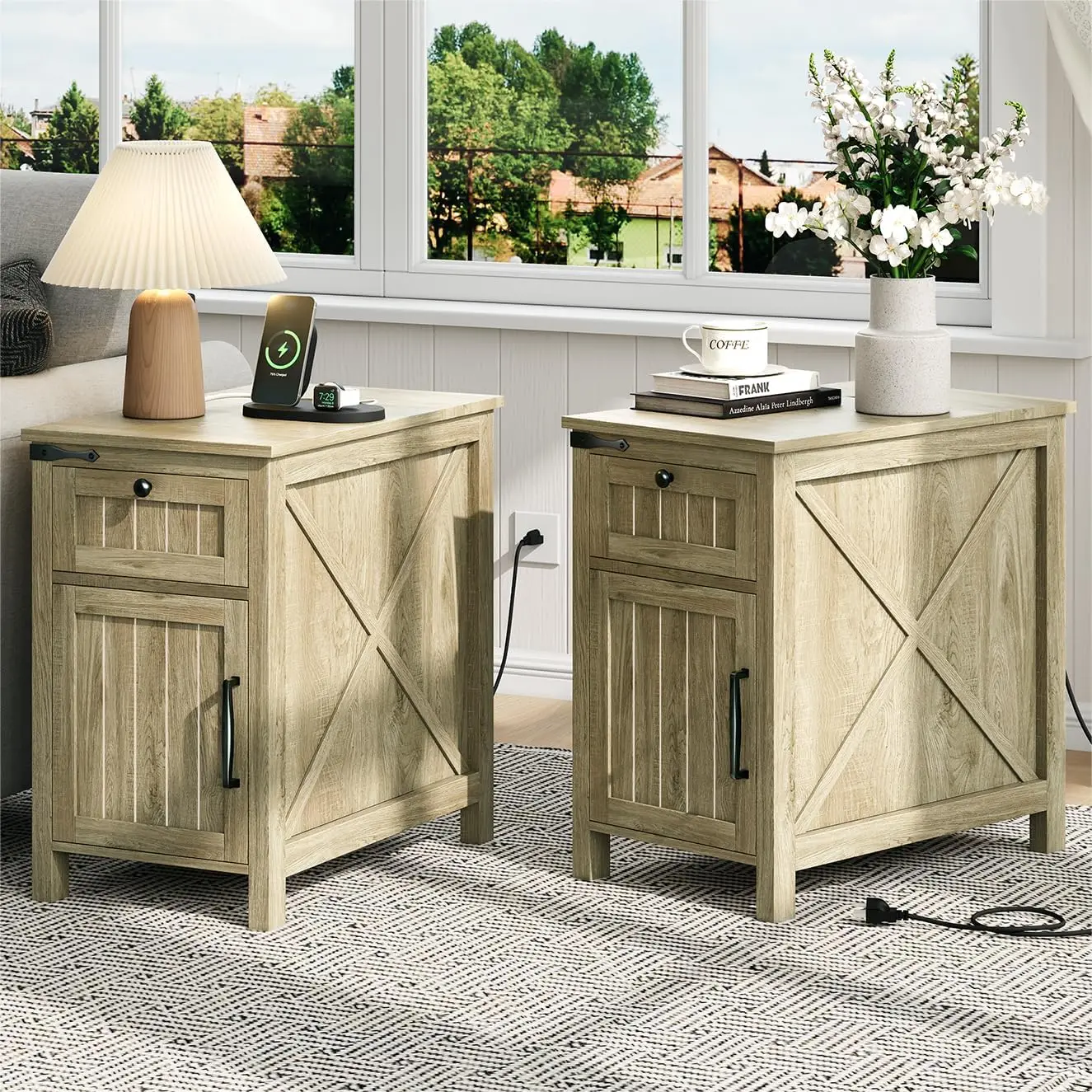 with Charging Station,Set of 2,Industrial/Farmhouse Nightstand with Drawers,Side Table with Storage & Removable Shelf,End Tables